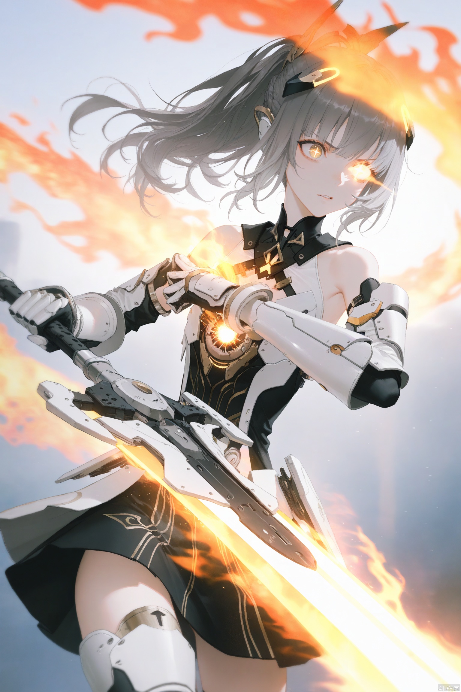 nanami/punishing gray raven,1girl, solo, long hair, bangs, thighhighs, dress, bare shoulders, yellow eyes, ponytail, grey hair, armor, gauntlets,brown cross shaped pupils,Flames rising, fire surrounding, wielding a mechanical sword,fighting_stance,weapon,brandishing a weapon,eye smear,glowing_eye,the sword points to you,upper body,3d,loli
depth of field, light particles, lens flare, (artist:quasarcake:0.8),extreme aesthetic,(wlop:0.6), wanke,rella,wanke,masterpiece,best quality,good quality,newest ,year 2024, year 2023, very aesthetic,absurdres,Visual impact, A shot with tension, ultra-high resolution,32K UHD,sharp focus,best quality,masterpiece,Emotionalization masterpiece, unconventional supreme,masterful details,with a high end texture,in the style of fashion photography, (Visual impact:1.2),giving the poster a dynamic and visually striking appearance,impactful picture,offcial art,colorful ,splash of color, movie perspective, masterpiece,best quality,amazing quality,very aesthetic,absurdres,best quality,newest,