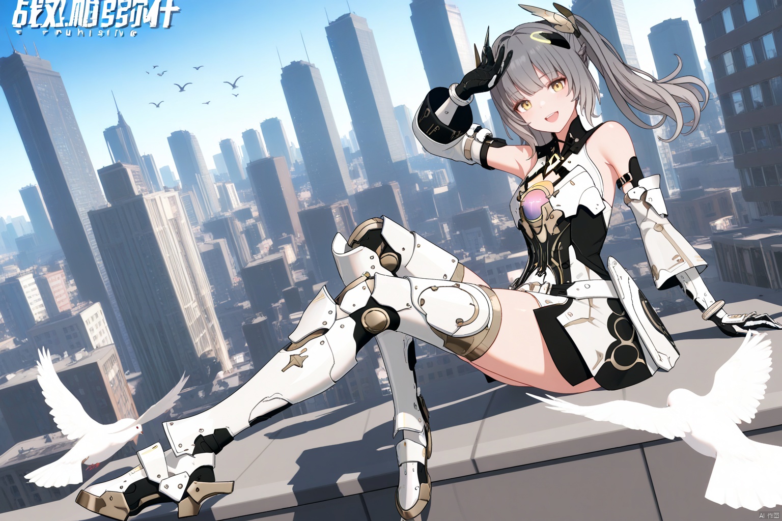 1girl, solo, long hair, breasts, looking at viewer, smile, open mouth, bangs, thighhighs, gloves, dress, bare shoulders, twintails, sitting, full body, yellow eyes, :d, grey hair, boots, outdoors, black gloves, arm up, bird, building, city, armored boots, cityscape, skyscraper,nanami/punishing gray raven,fom above,dutch angle,
masterpiece,best quality,amazing quality,very aesthetic,absurdres,best quality,newest