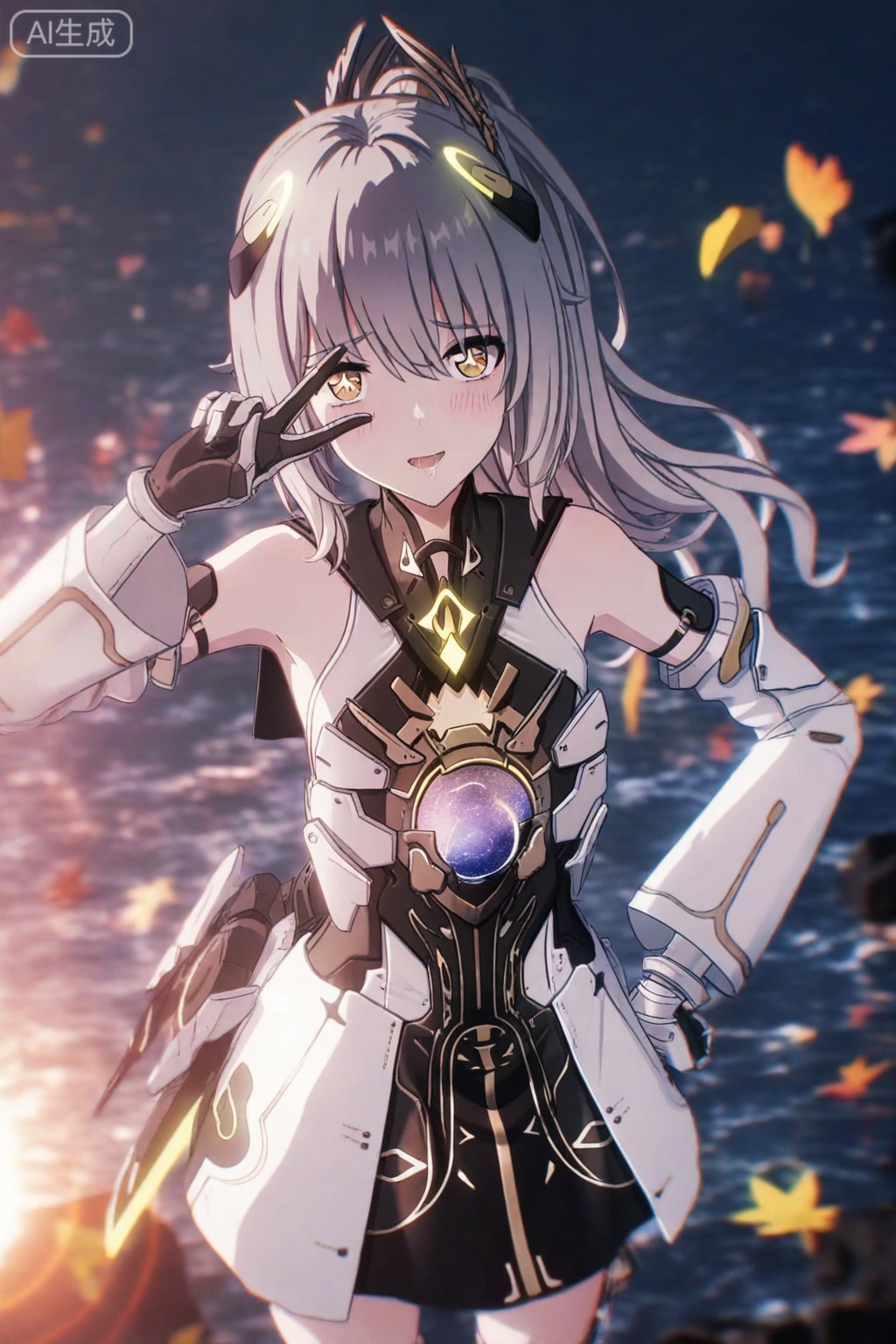 masterpiece,absurdres,best quality,high quality,chromatic_aberration,Night,darkness,black theme,shy,embarrass,endured_face,nsfw,//,artist:konya_karasue,//,nanami/punishing gray raven,1girl, solo, long hair, bangs, thighhighs, dress, bare shoulders, yellow eyes, ponytail, grey hair, armor, gauntlets,brown cross shaped pupils,smile,pen mouth,sunset,scenery,leaf drop,leaf,from above,floating hair,messy hair,upper body,sea,detailed water,close up of the face,v over eye,one hand on hip, //,//,highres,HDR,8K,high contrast,illustration,depth of field,(colorful),Tyndall effect,contrast,lens flare,
//,
highres,HDR,8K,high contrast,illustration,depth of field,(colorful),Tyndall effect,contrast,lens flare,
