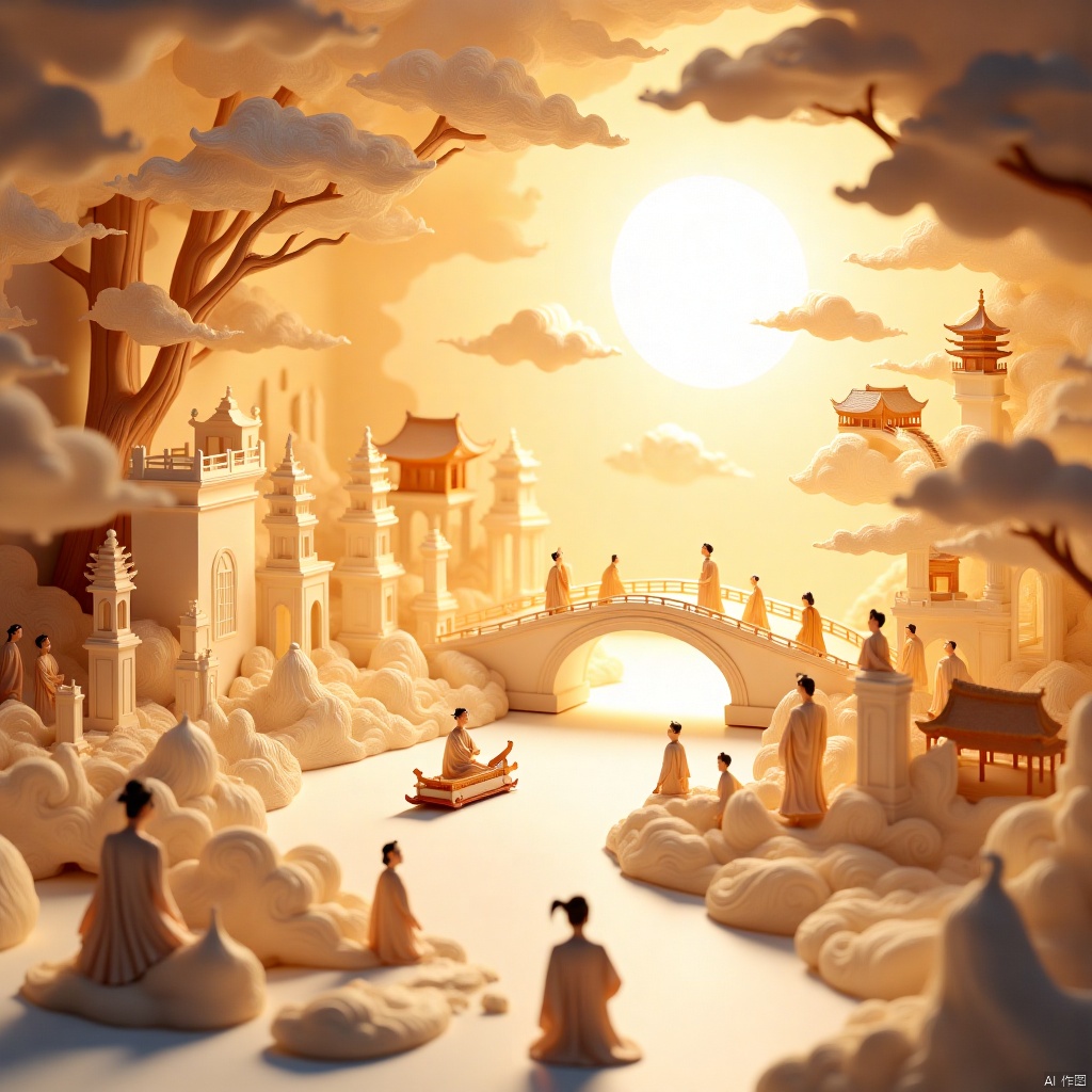 
The overall presentation of the paper art roll paper art style,the use of light and shadow to create a miniature landscape,with high-definition details,subtle clear presentation,complex scenes,exquisite models,with a sense of relief,to create a surreal fantasy,full of fantastic ideas. Extraordinary quality,rich details,surreal style,using 3D rendering,global illumination,low-angle shooting,using texture light,edge light,close-up lens,focus composition,with biological fluorescence effect,showing Chinese antique,using self-luminous material. The overall color is beige,simulating the effect of light box,made of paper,made of C4D,with pearl-like texture,light background color,excellent picture quality,ethereal illustration,exquisite style and traditional Chinese animation characteristics.,, Scroll of ancient painting,Long volumes of ancient poetry,Scroll painting