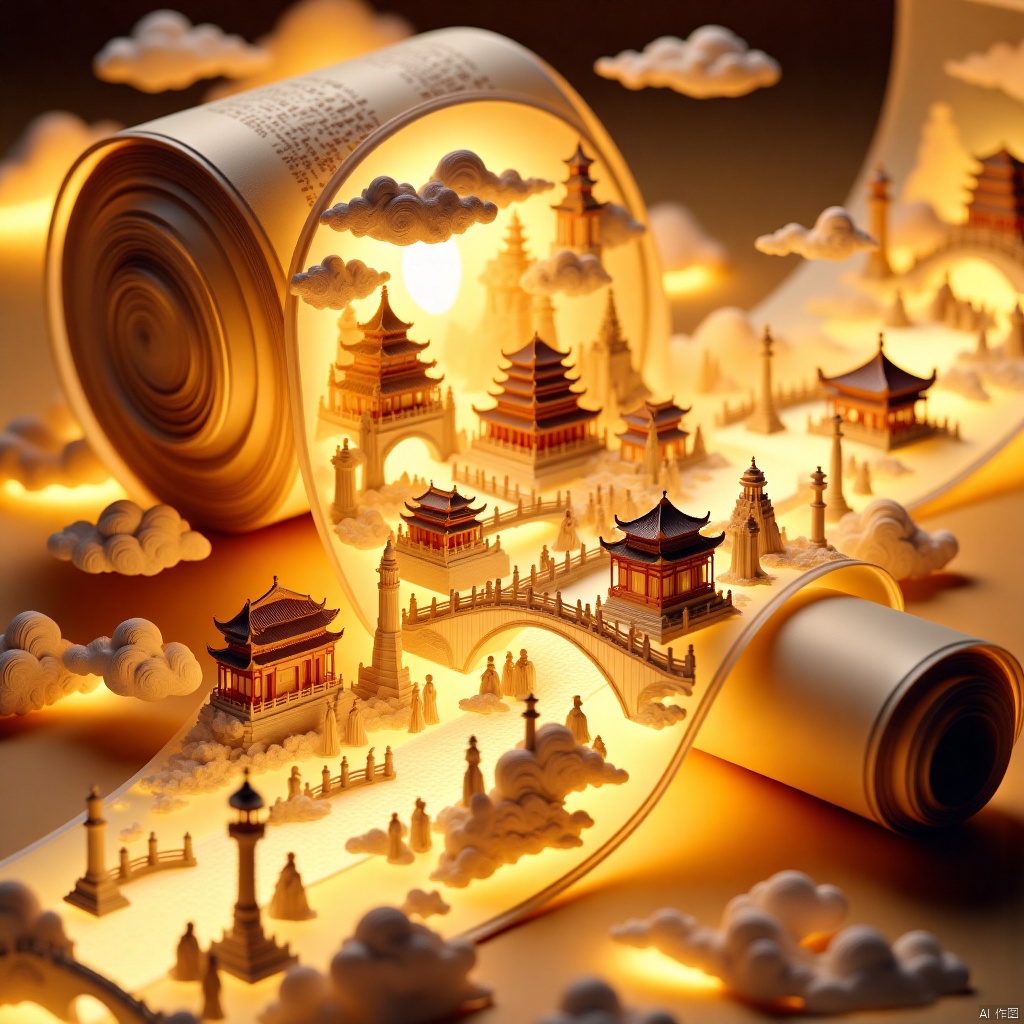 
Tang Dynasty palaces, the Silk Road, intricate miniature landscapes within a hollowed, glowing golden film roll. Each frame features a 3D, ultra-detailed Daming Palace miniature, radiating faint golden luminescence, surrounded by calligraphic inscriptions on empty scroll ends. Clean background, close-up, focus on scroll-wrapped miniature landscape with volumetric luminescence, luminescent particles, and a shallow depth of field, blending sci-fi style with ancient, large-scale 3D antiquity, soft light, tulle foreground, 4CD, panned photography, hi-def camera, paper cutout details.,Scroll painting
