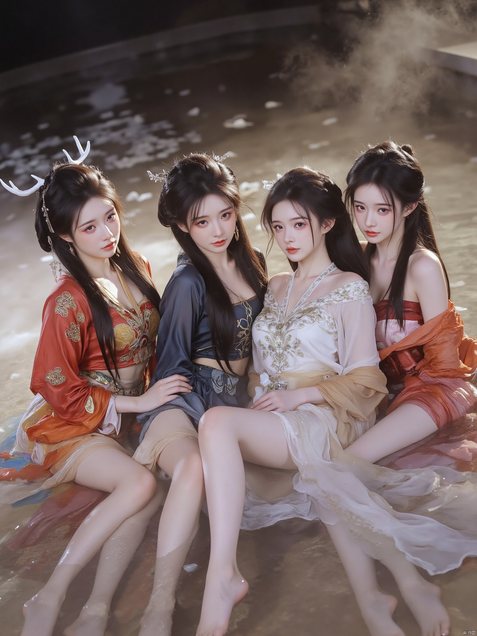 This is a highly detailed,high-resolution photograph of four young Asian women sitting in a shallow pool of water,creating a serene and ethereal scene. The women are dressed in traditional East Asian attire,with intricate,ornate outfits featuring vibrant colors and elaborate embroidery. The setting is a mystical,night,ethereal quality to the atmosphere,creating a dreamlike ambiance.,The woman on the far left wears a red and yellow kimono with intricate patterns,adorned with a white headpiece resembling antlers. She has long black hair and a fair complexion. The woman next to her,dressed in a black,intricately embroidered gown with gold accents,has long,straight black hair and a delicate,pale complexion.The woman in the center,wearing a white,flowing dress with gold and red accents,has long,straight black hair and a slightly darker complexion. She holds a small white flower,The fourth woman,seated on the right,wears a red and black kimono,She has long,straight black hair and a slightly darker complexion.,The water is clear,,