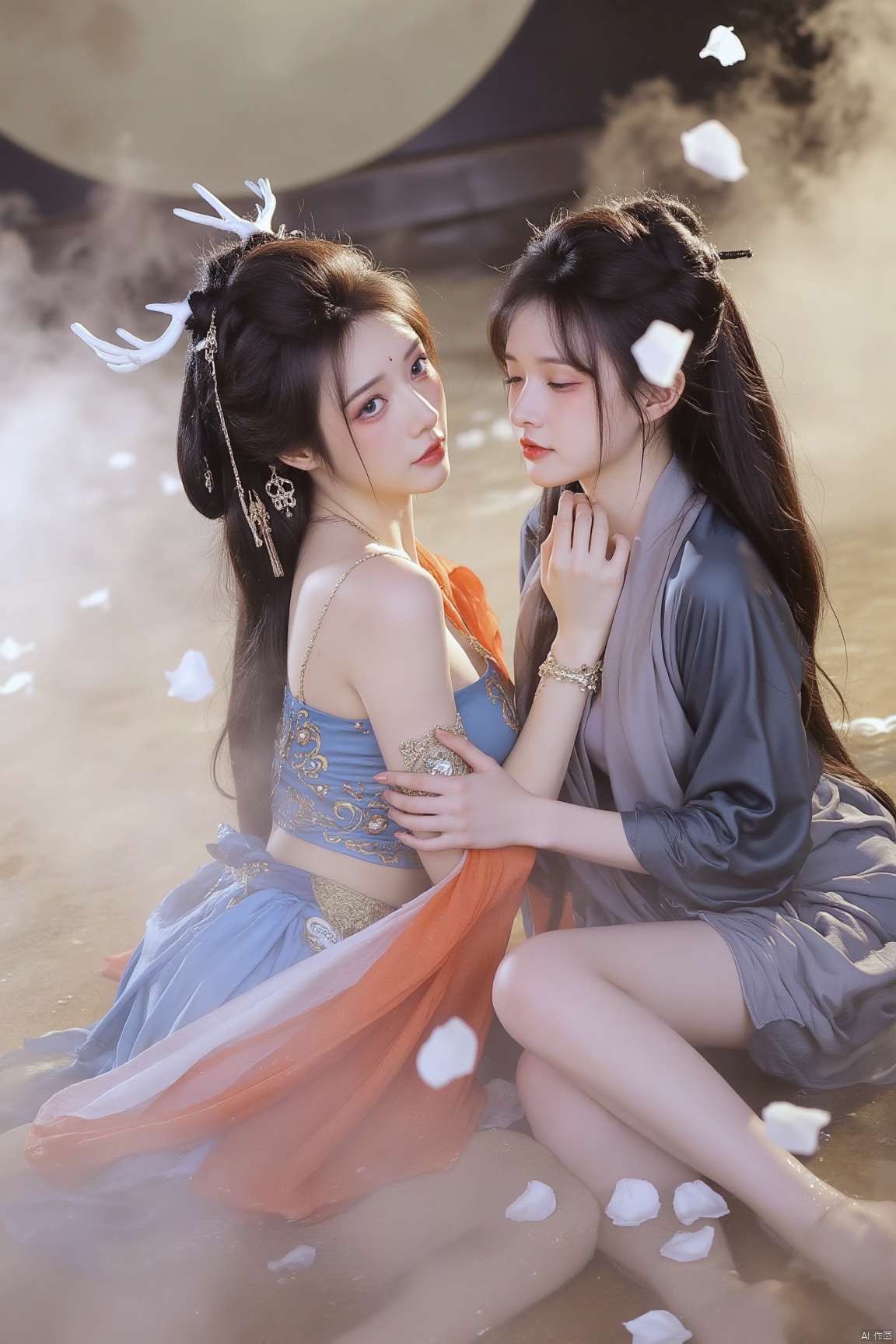This is a photograph of two young women in traditional East Asian attire, possibly Japanese, sitting in a misty, ethereal setting. The woman on the left has a fair complexion, with long dark hair styled in a loose updo adorned with white flower hairpins. She wears a blue dress with gold embroidery and a red sash, revealing her bare shoulders and a hint of cleavage. Her eyes are wide and her expression is serene. The woman on the right has a slightly darker complexion and her long, dark hair is also styled in an updo with white flower hairpins, but her hair is more intricately arranged. She wears a dark grey kimono with a red sash, and her expression is more intimate and tender as she gazes at the other woman. Both women have a slight blush on their cheeks. The background features a large, full moon and scattered petals, giving the scene a mystical, dreamlike quality. The misty atmosphere creates a soft, ethereal glow around them, enhancing the romantic and otherworldly feel of the photograph.