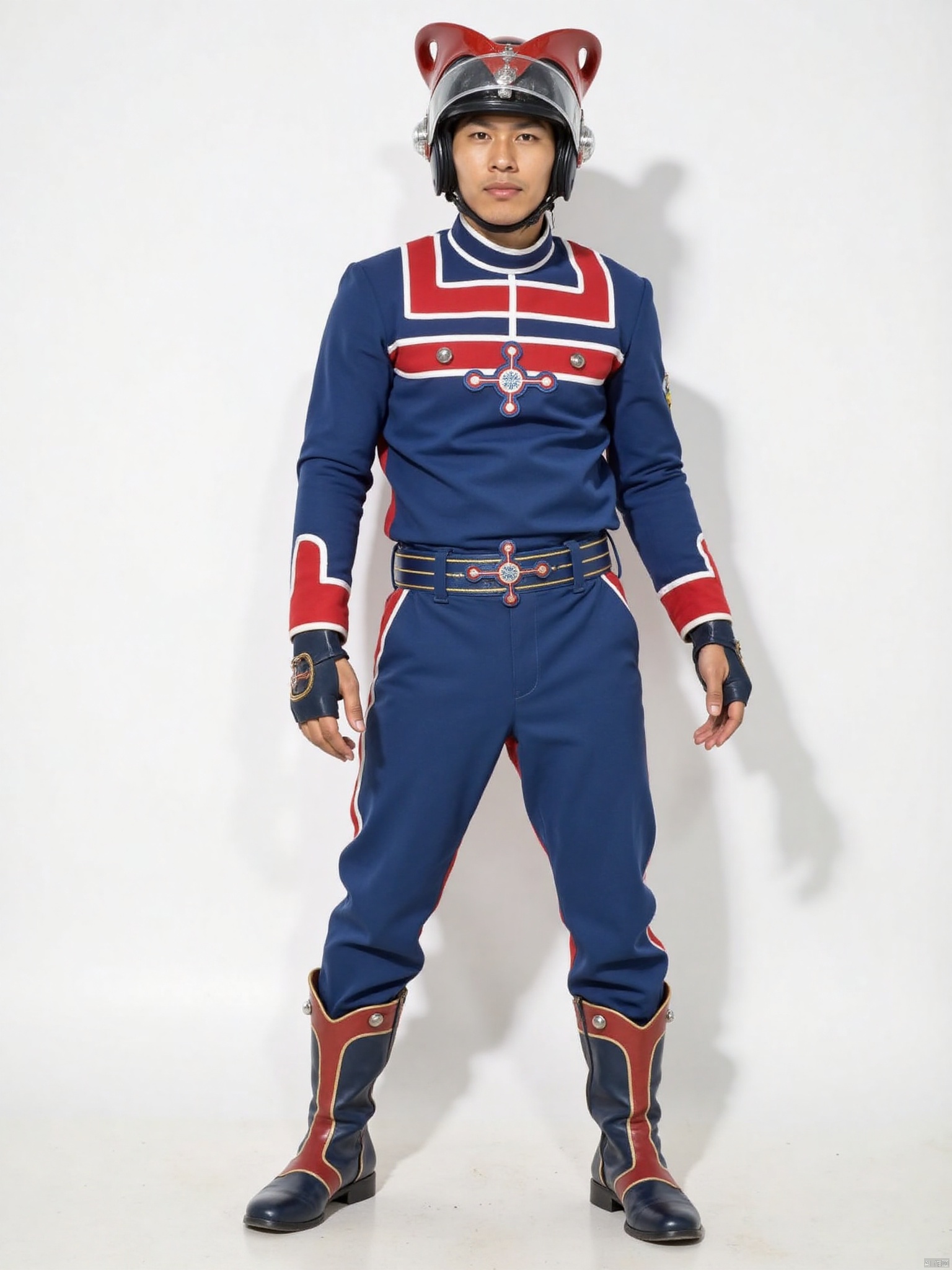 zat,helmet,blue pants,blue jacket,collar,belt,logo,uniform,jacket,gloves,boots,emblem,pants,blue footwear,blue uniform with red line
