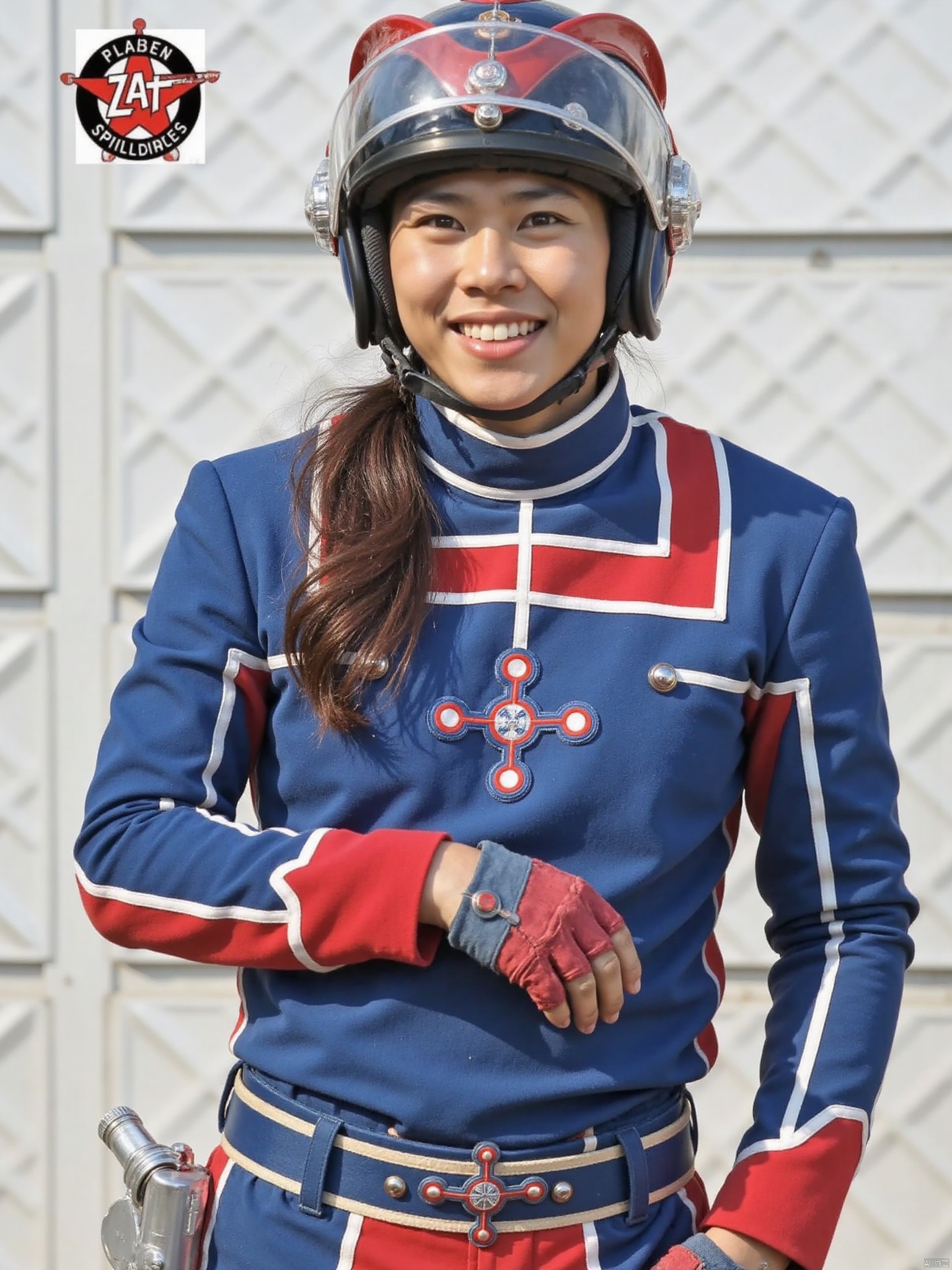 zat,helmet,blue pants,blue jacket,collar,belt,logo,uniform,jacket,gloves,boots,emblem,pants,blue footwear,blue uniform with red line