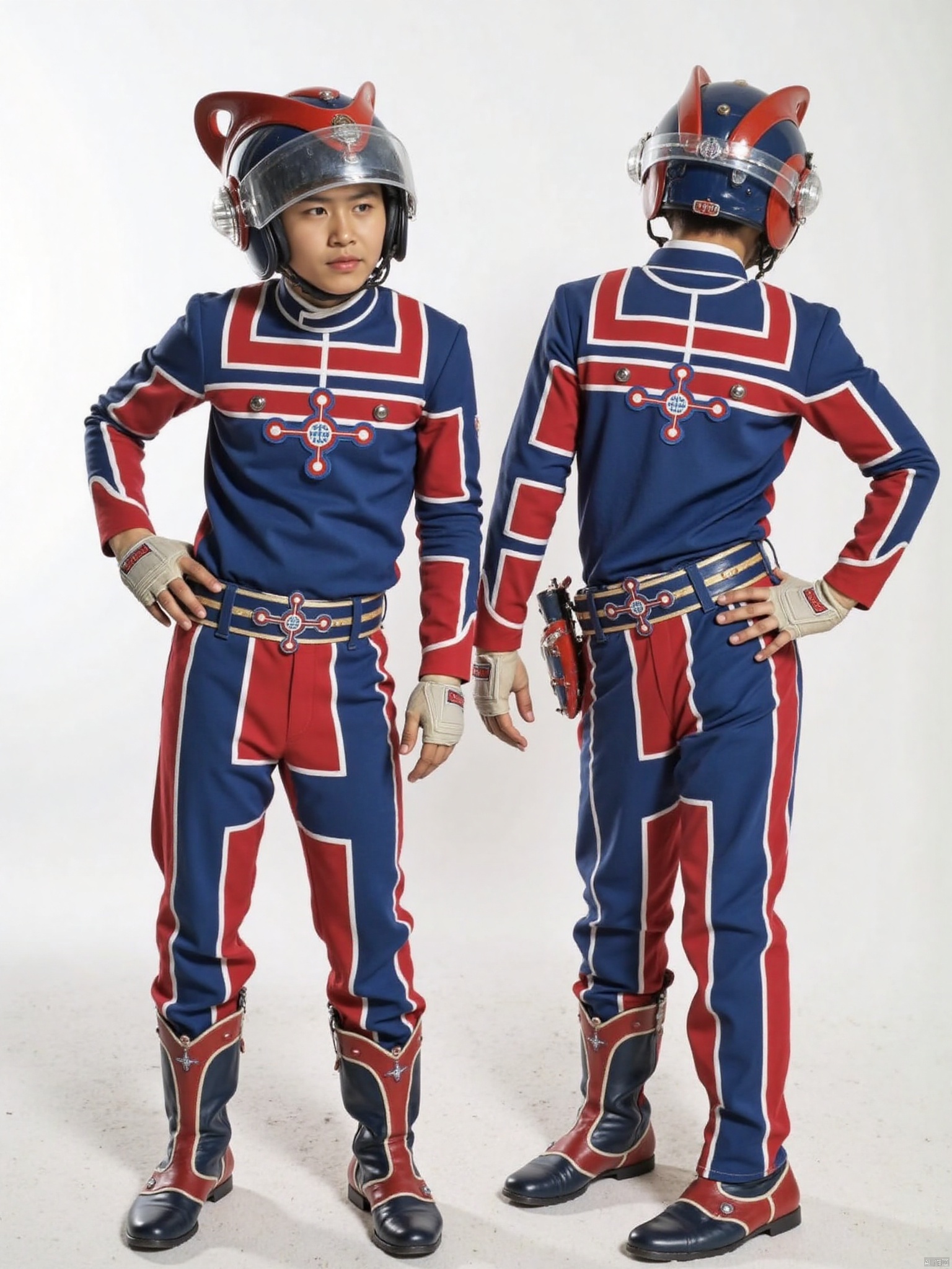 zat,helmet,blue pants,blue jacket,collar,belt,logo,uniform,jacket,gloves,boots,emblem,pants,blue footwear,blue uniform with red line