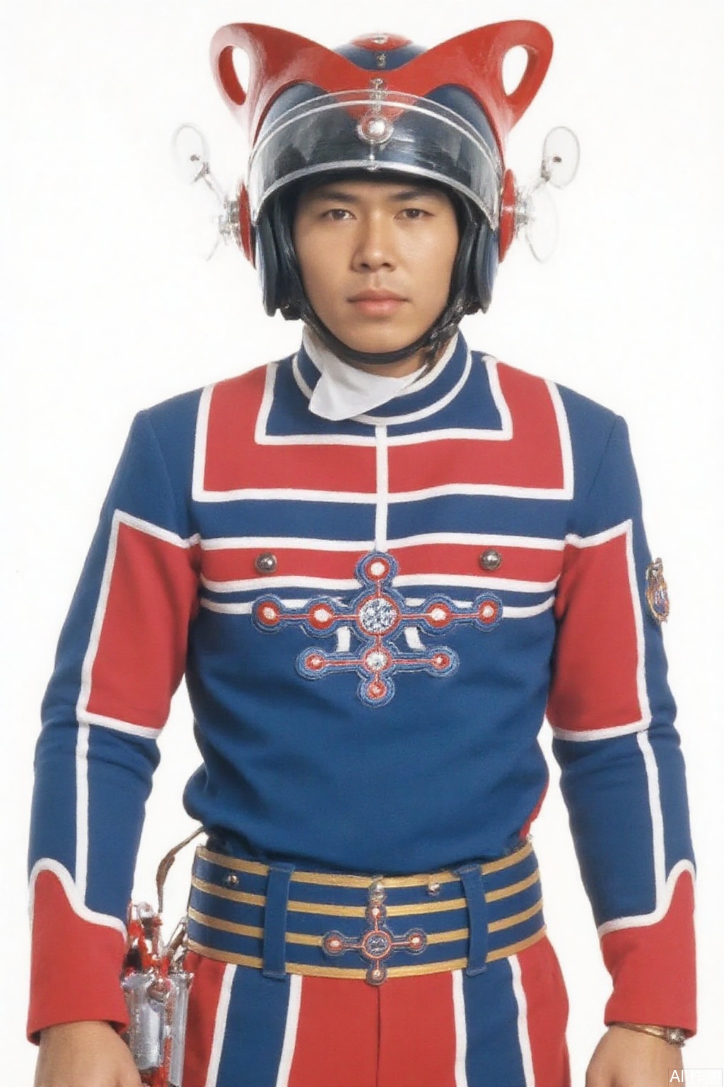 masterpiece, best quality,solo,(white background:1.2),simple background,
looking at viewer,zat,helmet,blue pants,blue jacket,uniform,emblem,belt,collar,logo,blue uniform with red line