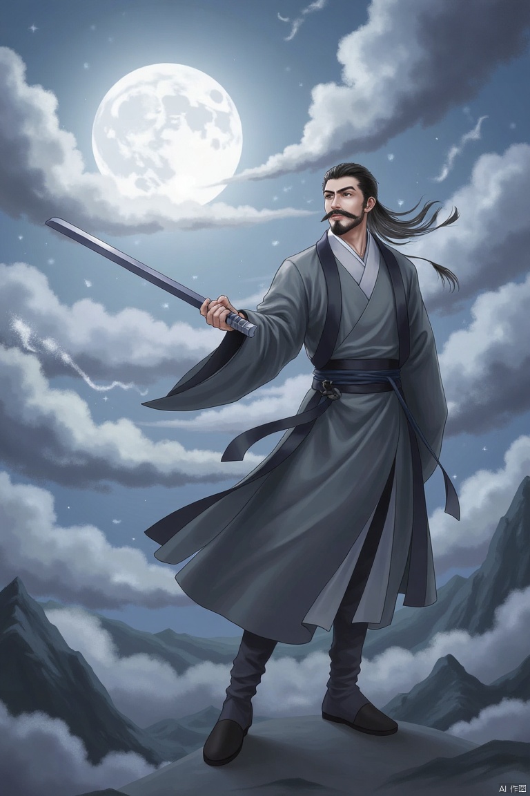 1boy,solo,Confucianist,
solo, black hair, 1boy, weapon, male focus, sky, sword, cloud, facial hair, moon, beard, full moon, mustache, hanfu