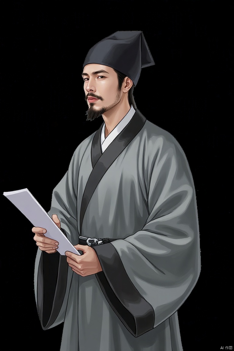 1boy,solo,Confucianist,
solo, open mouth, simple background, black hair, long sleeves, 1boy, hat, holding, closed eyes, upper body, male focus, wide sleeves, black headwear, facial hair, chinese clothes, black background, beard, robe, mustache, paintbrush, scroll, calligraphy brush, hanfu, holding paintbrush, ink