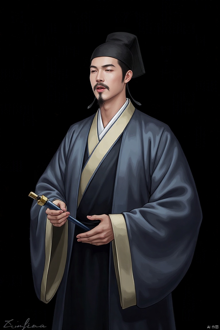 1boy,solo,Confucianist,
solo, open mouth, simple background, black hair, long sleeves, 1boy, hat, holding, closed eyes, upper body, male focus, wide sleeves, black headwear, facial hair, chinese clothes, black background, beard, robe, mustache, paintbrush, scroll, calligraphy brush, hanfu, holding paintbrush, ink