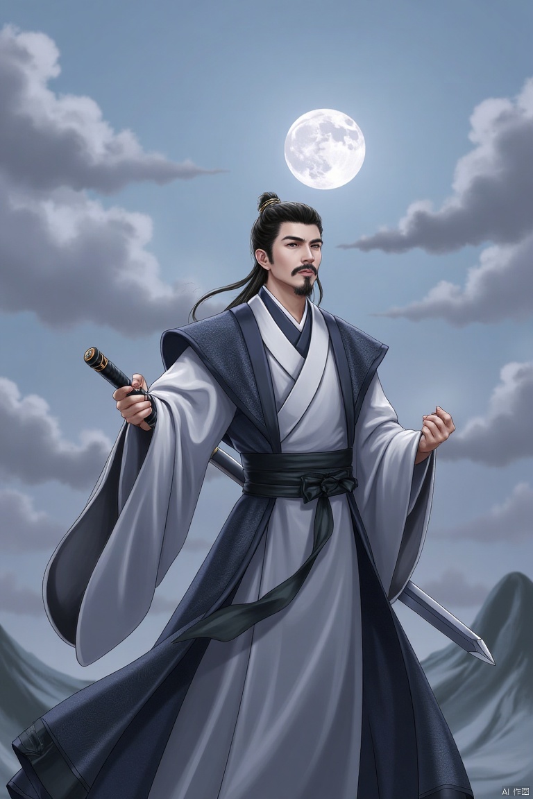 1boy,solo,Confucianist,
solo, black hair, 1boy, weapon, male focus, sky, sword, cloud, facial hair, moon, beard, full moon, mustache, hanfu
