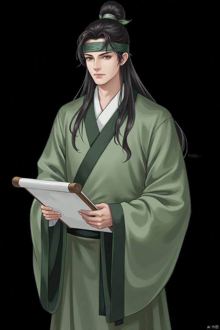 1boy,solo,Confucianist,
solo, long hair, looking at viewer, simple background, black hair, hair ornament, long sleeves, 1boy, holding, closed mouth, upper body, male focus, headband, chinese clothes, black background, green dress, paper, scroll