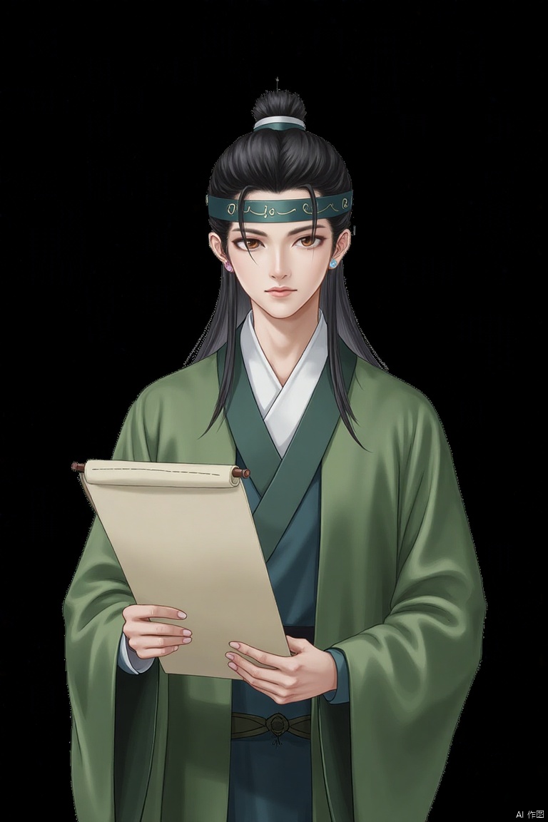1boy,solo,Confucianist,
solo, long hair, looking at viewer, simple background, black hair, hair ornament, long sleeves, 1boy, holding, closed mouth, upper body, male focus, headband, chinese clothes, black background, green dress, paper, scroll