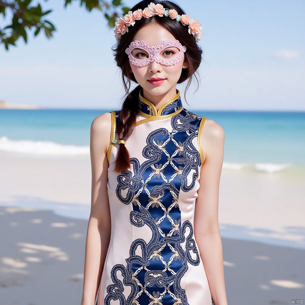 1girl,cheongsam,lace_mask,shore