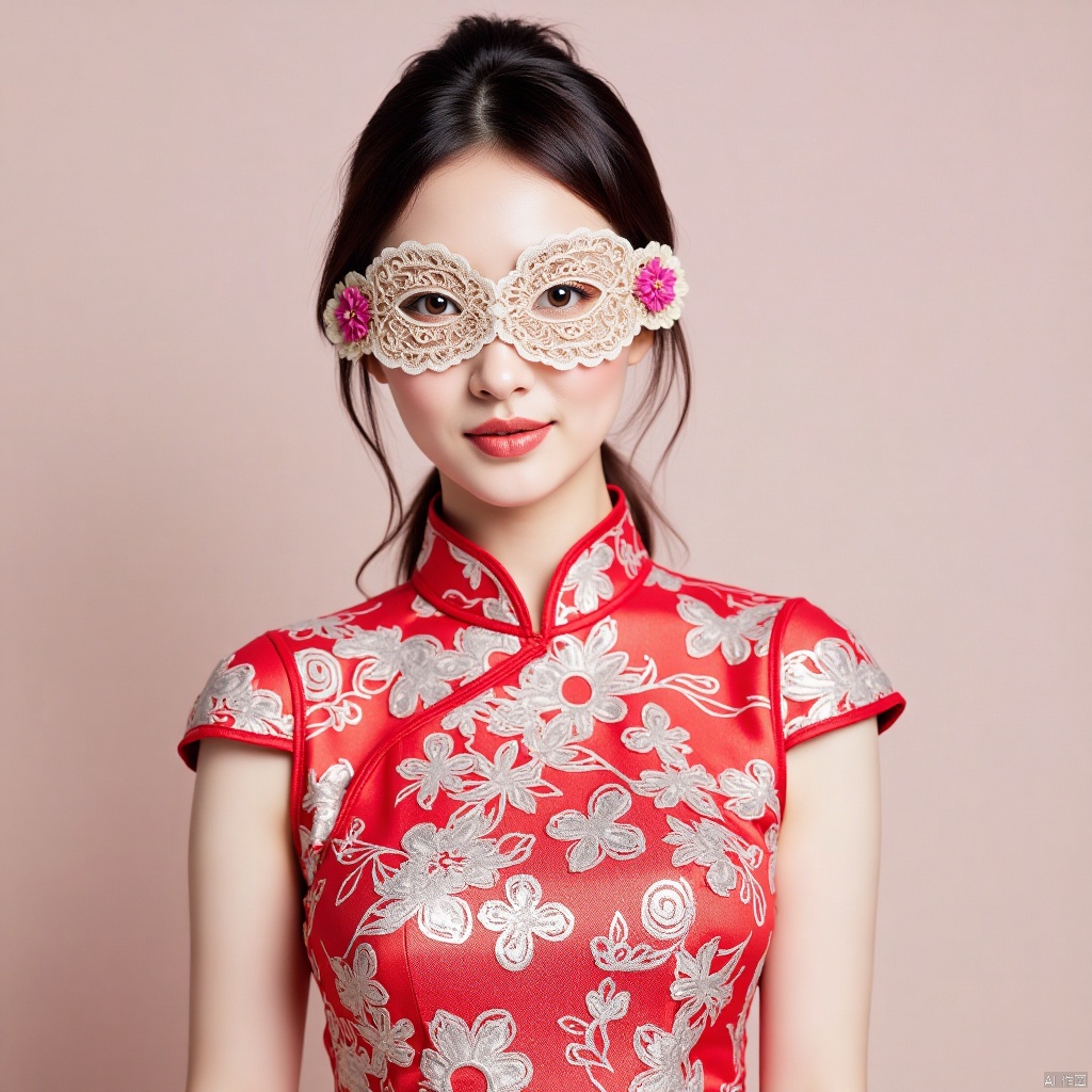 1girl,cheongsam,lace_mask,Elements of the Spring Festival,新春元素