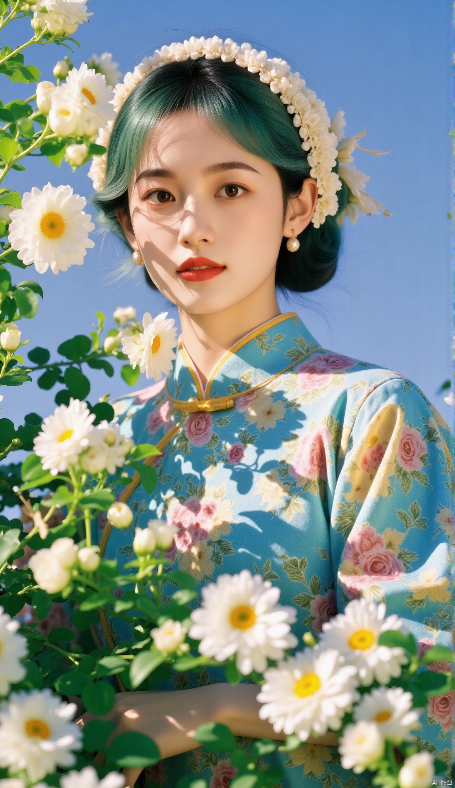 Flowers,1girl,cheongsam,aqua snake