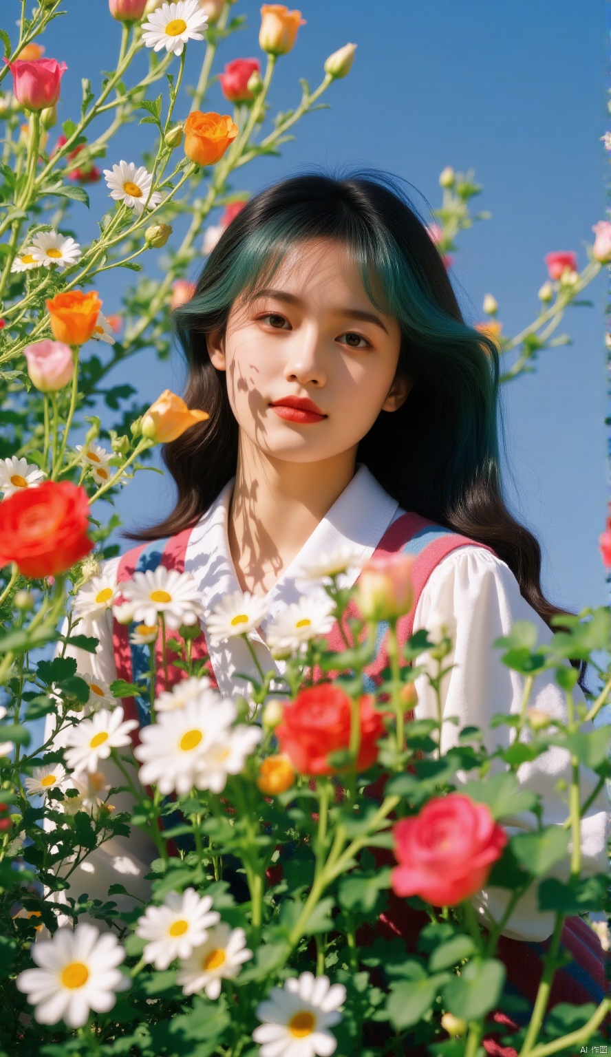 Flowers,1girl,sitting,black hair