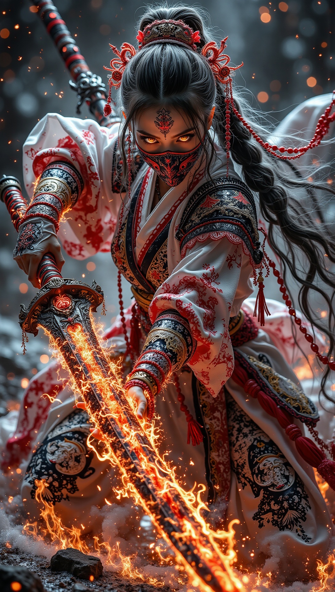 Ultra-detailed dynamic pose of a female warrior,  anime-meets-high-fantasy style,  full-body mid-shot on Tensor.Art