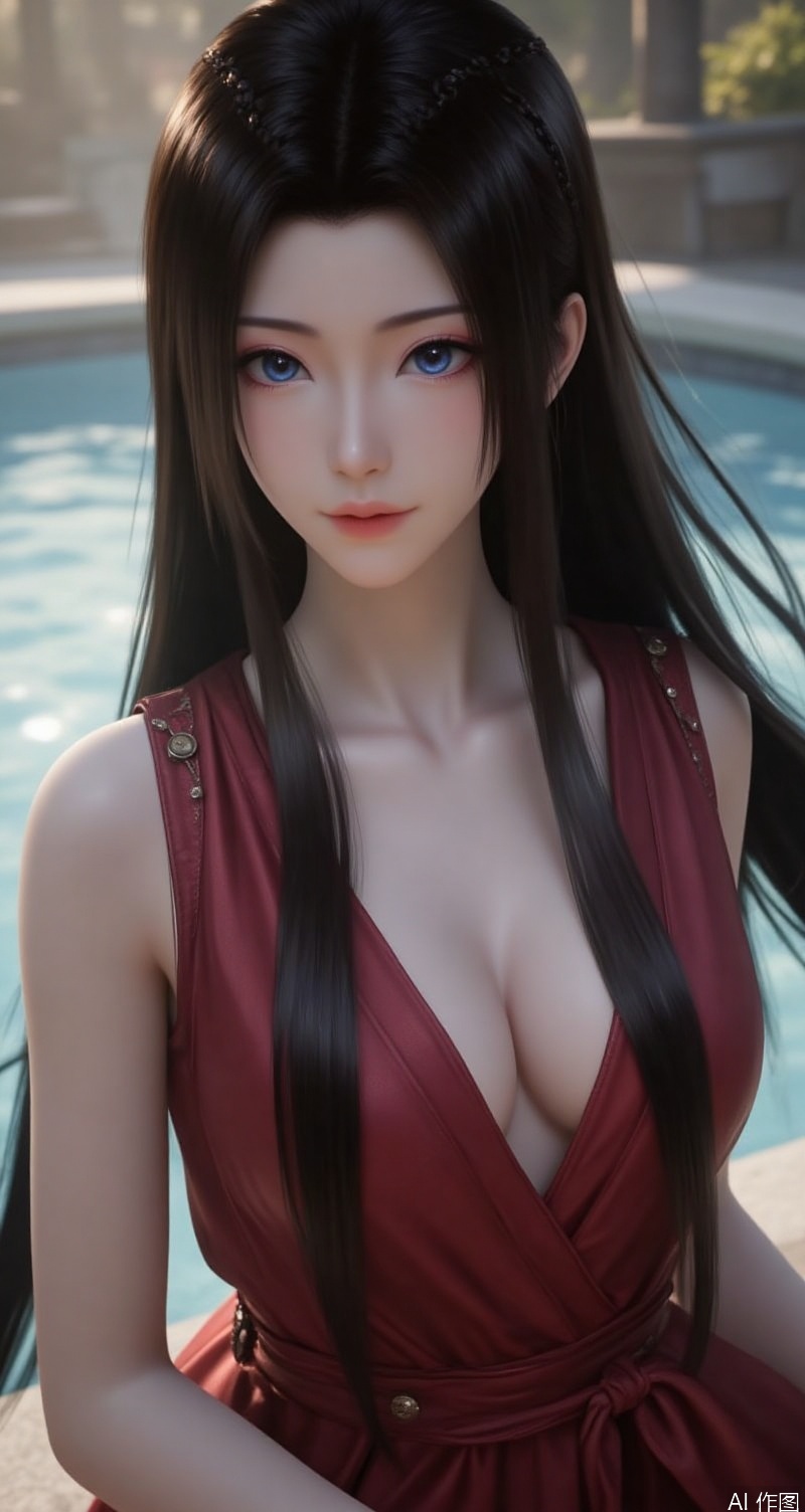 lvjing,baoshi,yuanyao,a beautiful woman,with long flowing black hair,beautiful blue eyes,sleeveless dress in dark red,low_neckline,milk-like skin,show off charming cleavage,in the background is a pool of sunlight,
Close-up details,outstanding style,adding a touch of dimension to your images without compromising details,close-up,,lvjing,