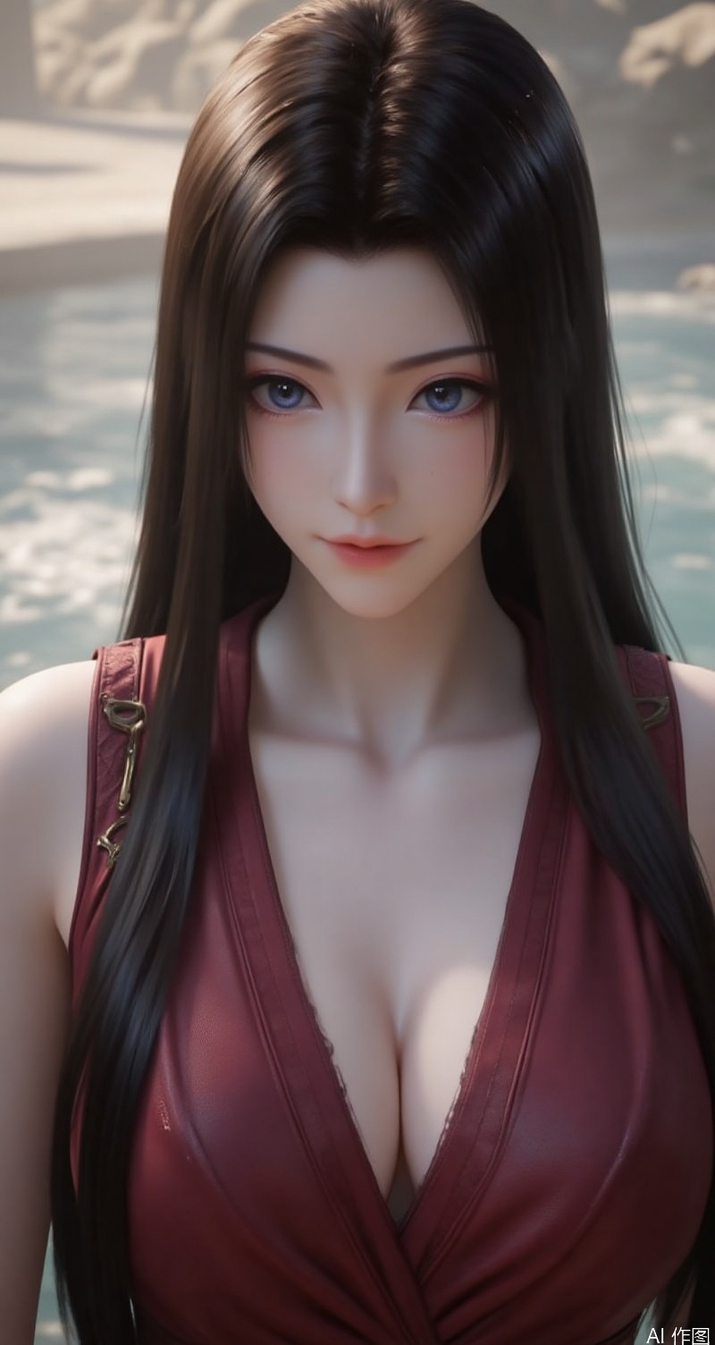 lvjing,baoshi,yuanyao,a beautiful woman,with long flowing black hair,beautiful blue eyes,sleeveless dress in dark red,low_neckline,milk-like skin,show off charming cleavage,in the background is a pool of sunlight,
Close-up details,outstanding style,adding a touch of dimension to your images without compromising details,close-up,,lvjing,