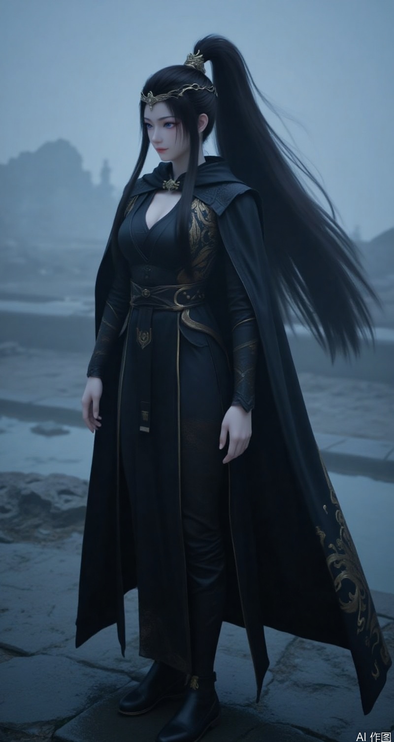 lvjing,baoshi,yuanyao,a beautiful woman,dressed in black,clothes embroidered with phnom penh,black cloak,black footwear,pony-tail,golden headwear,exquisite hair accessories,with long flowing black hair,beautiful blue eyes,milk-like skin,a misty pool in the background,full body,
Close-up details,outstanding style,adding a touch of dimension to your images without compromising details,close-up,,lvjing,