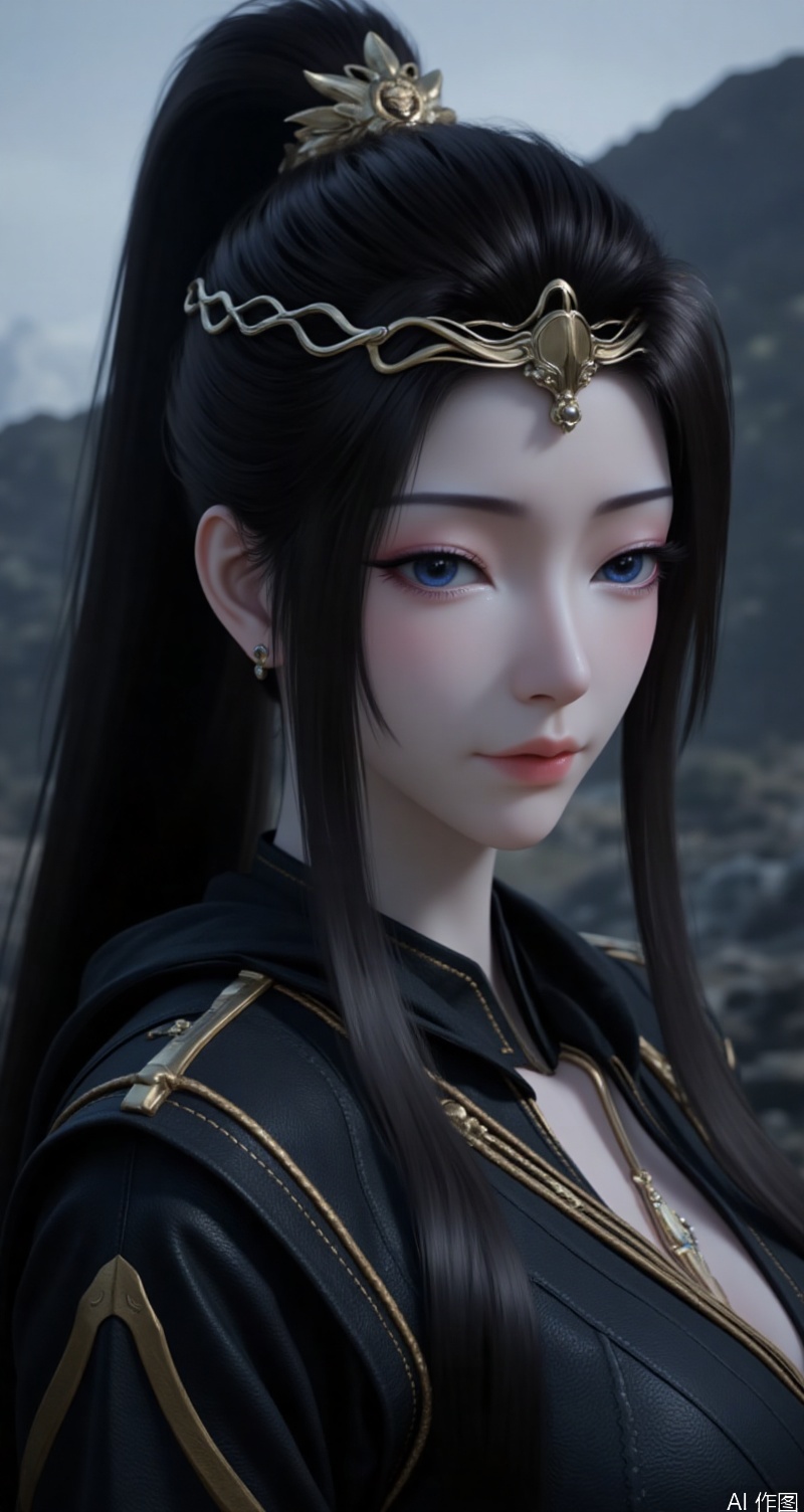 lvjing,baoshi,yuanyao,a close-up shot of a Asian woman with long dark hair,wearing a black outfit,adorned with gold embroidery and a gold chain around her neck. Her eyes are a piercing blue,and her hair cascades over her shoulders. she wore a golden headpiece,adding a touch of charm to her head. The backdrop is a stark contrast of gray and black,with a mountain range in the distance,black hair,pony-tail,
Close-up details,outstanding style,adding a touch of dimension to your images without compromising details,close-up,,lvjing,