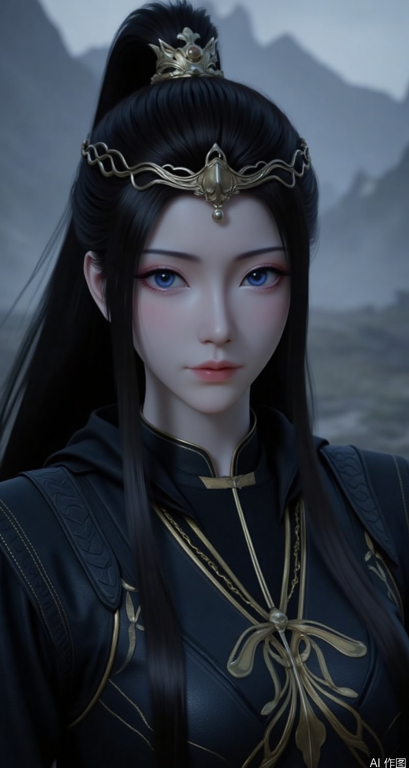 lvjing,baoshi,yuanyao,a close-up shot of a Asian woman with long dark hair,wearing a black outfit,adorned with gold embroidery and a gold chain around her neck. Her eyes are a piercing blue,and her hair cascades over her shoulders. she wore a golden headpiece,adding a touch of charm to her head. The backdrop is a stark contrast of gray and black,with a mountain range in the distance,black hair,pony-tail,
Close-up details,outstanding style,adding a touch of dimension to your images without compromising details,close-up,,lvjing,