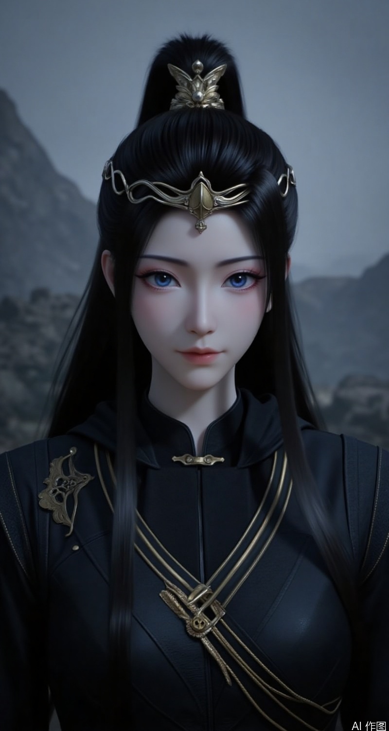 lvjing,baoshi,yuanyao,a close-up shot of a Asian woman with long dark hair,wearing a black outfit,adorned with gold embroidery and a gold chain around her neck. Her eyes are a piercing blue,and her hair cascades over her shoulders. she wore a golden headpiece,adding a touch of charm to her head. The backdrop is a stark contrast of gray and black,with a mountain range in the distance,black hair,pony-tail,
Close-up details,outstanding style,adding a touch of dimension to your images without compromising details,close-up,,lvjing,