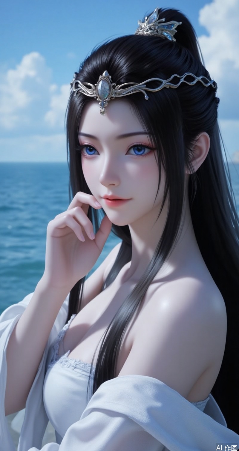 lvjing,baoshi,yuanyao,a stunning beauty,black hair,blue eyes,exquisite headcrown with one hand on your face,(looking_back:1.1),show affectionate eyes,the background is the blue sea under the blue sky and white clouds,close-up,portrait,
Close-up details,outstanding style,adding a touch of dimension to your images without compromising details,close-up,,lvjing,