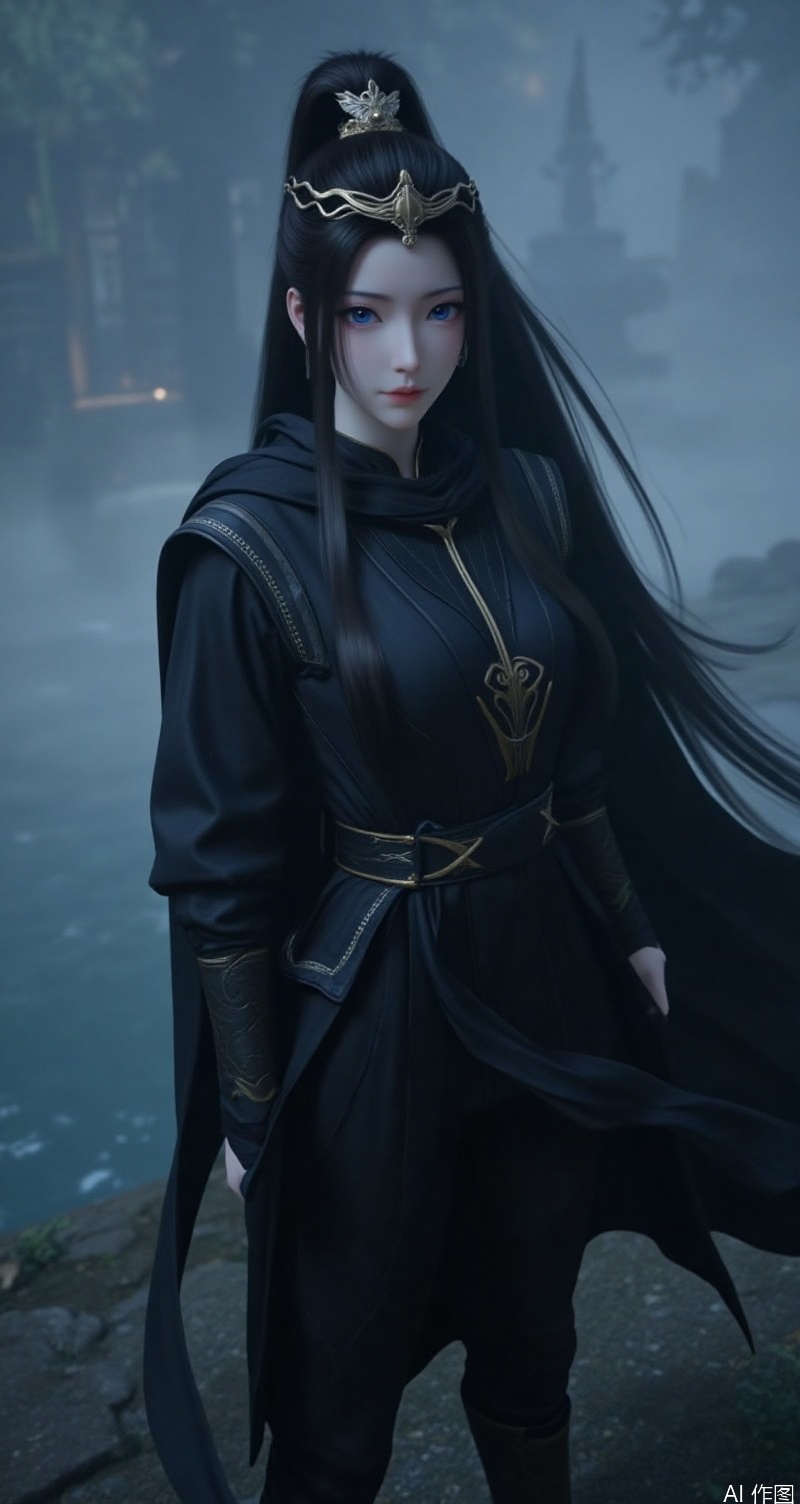 lvjing,baoshi,yuanyao,a beautiful woman,dressed in black,clothes embroidered with phnom penh,black cloak,black footwear,pony-tail,golden headwear,exquisite hair accessories,with long flowing black hair,beautiful blue eyes,milk-like skin,a misty pool in the background,full body,
Close-up details,outstanding style,adding a touch of dimension to your images without compromising details,close-up,,lvjing,