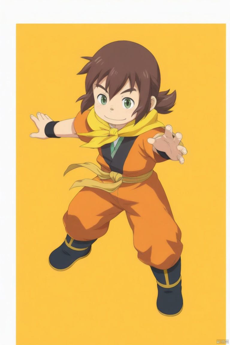 [[daizu /(melon-lemon/)]],flat color,no lineart,
solo,male_focus,shota,
mangi,brown hair,ponytail,green eyes,orange jumpsuit,yellow scarf,black belt,black boots,
smile,dutch angle,big wide angle,dynamic pose,from above,solo v,
very awa,masterpiece,best quality,highres,absurdres,