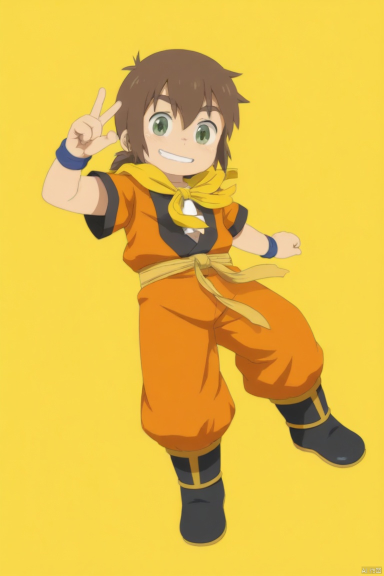[[daizu /(melon-lemon/)]],flat color,no lineart,
solo,male_focus,shota,
mangi,brown hair,ponytail,green eyes,smiling,orange jumpsuit,yellow scarf,black belt,black boots,
smile,dutch angle,big wide angle,dynamic pose,from above,solo v,
very awa,masterpiece,best quality,highres,absurdres,