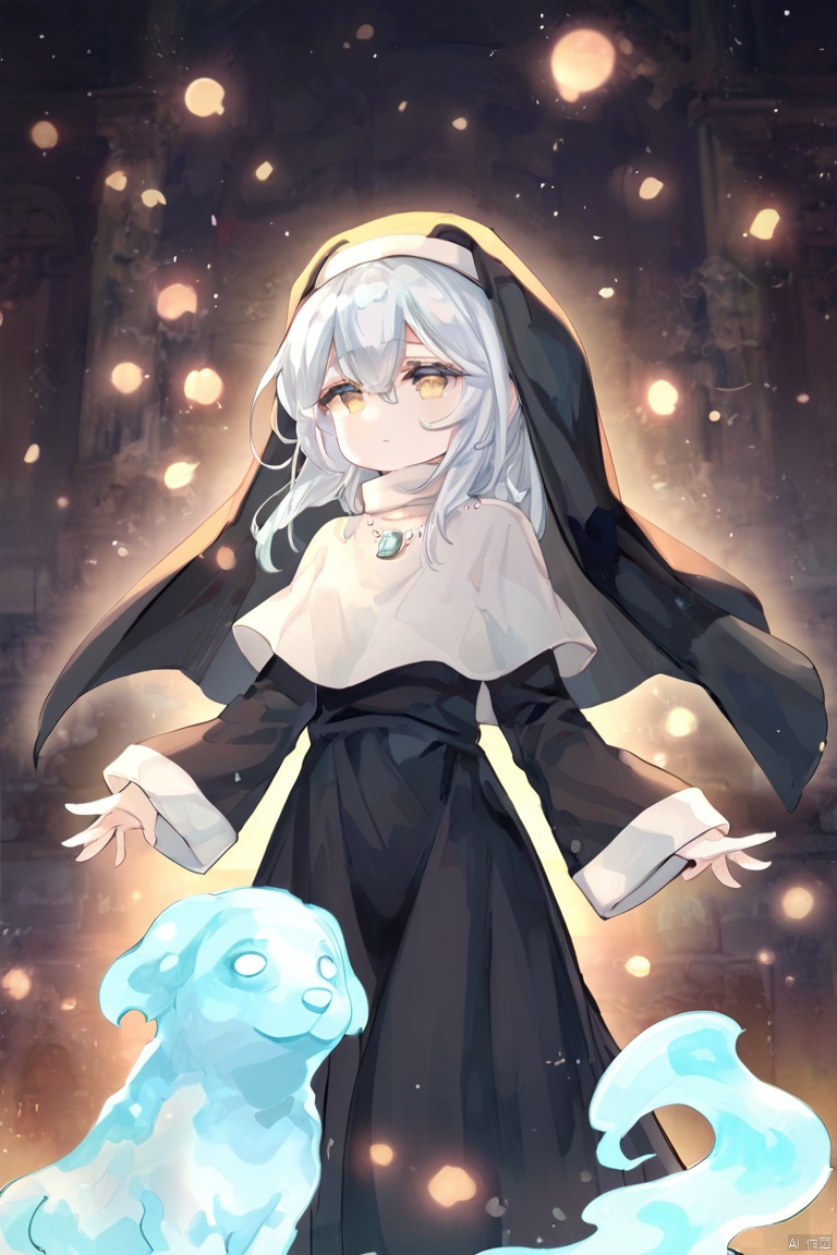 score_9,score_8,score_7, Ghost Sister & Spooky Dogwood \(ygo\), 1girl, solo, long hair, jewelry, yellow eyes, white hair, necklace, ghost, habit,
