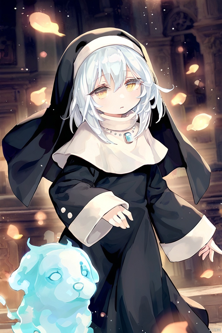 score_9,score_8,score_7, Ghost Sister & Spooky Dogwood \(ygo\), 1girl, solo, long hair, jewelry, yellow eyes, white hair, necklace, ghost, nun,