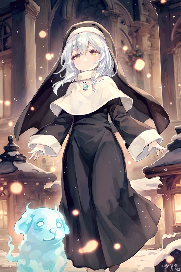 score_9,score_8,score_7, Ghost Sister & Spooky Dogwood \(ygo\), 1girl, solo, long hair, jewelry, yellow eyes, white hair, necklace, ghost, nun, winter, snow,