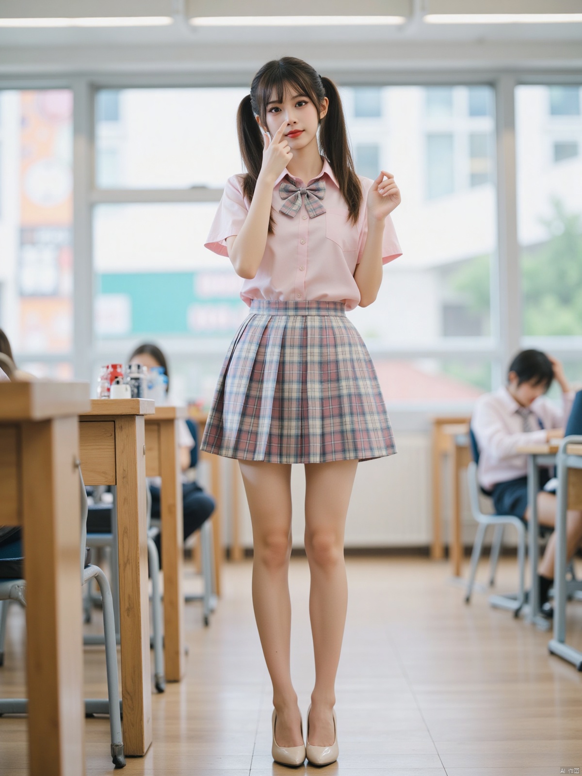Realistic photos, 1girl, double ponytails, fair skin, big breasts, JK school uniform, plaid skirt, stockings, long legs, high heels, full body, standing, classroom,(huge breasts:2.99),(full breasts:2.99),