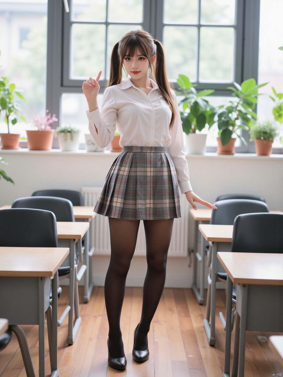 Realistic photos, 1girl, double ponytails, fair skin, big breasts, JK school uniform, plaid skirt, stockings, long legs, high heels, (full body:1.29), standing, classroom,(huge breasts:2.99),(full breasts:2.99),