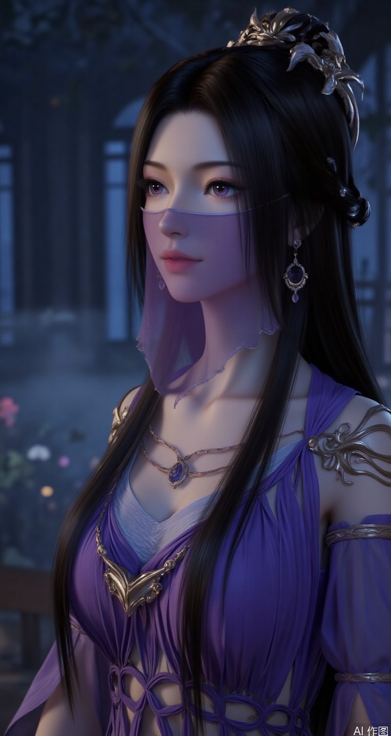 lvjing,baoshi,ziling,black hair,long hair,purple eyes,fair_skin,jewelry,earrings,1girl,dress,purple dress,solo,long hair,veil,black hair,night,tree,high_heels,full body,
Close-up details,outstanding style,adding a touch of dimension to your images without compromising details,close-up,,lvjing,