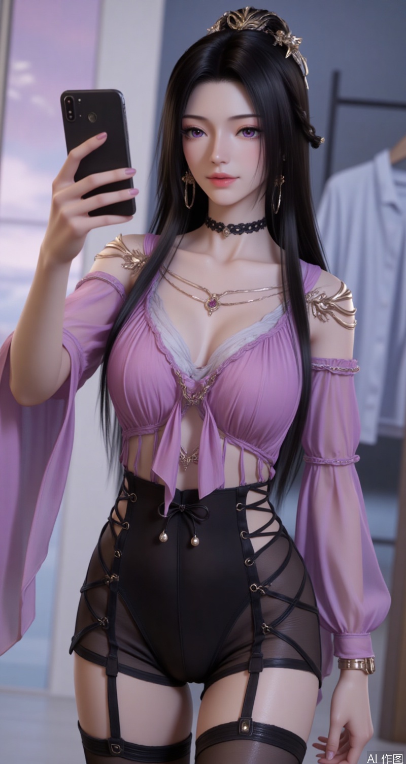 lvjing,baoshi,ziling,black hair,long hair,purple eyes,fair_skin,1girl,breasts,jewelry,phone,earrings,thighhighs,choker,solo,cleavage,cellphone,black choker,holding phone,bare shoulders,holding,smartphone,shirt,garter straps,black thighhighs,off-shoulder shirt,leotard,frills,selfie,collarbone,off shoulder,pink shirt,long sleeves,cross-laced clothes,standing,clothes hanger,closed mouth,cowboy shot,high-waist shorts,thighs,indoors,large breasts,see-through,shorts,medium breasts, cover,simple background,gradient_background,Close-up details,outstanding style,adding a touch of dimension to your images without compromising details,close-up,