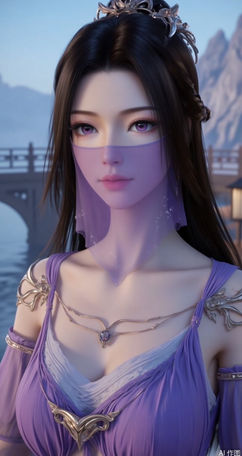 lvjing,baoshi,ziling,a beautiful woman,wearing a purple transparent veil,charming purple eyes,a flowing head of black hair,wearing 1 strapless purple dress,with a bridge and a body of water in the distance. The bridge is a dark brown,and the sky is a light blue,upper_body,
Close-up details,outstanding style,adding a touch of dimension to your images without compromising details,close-up,,lvjing,