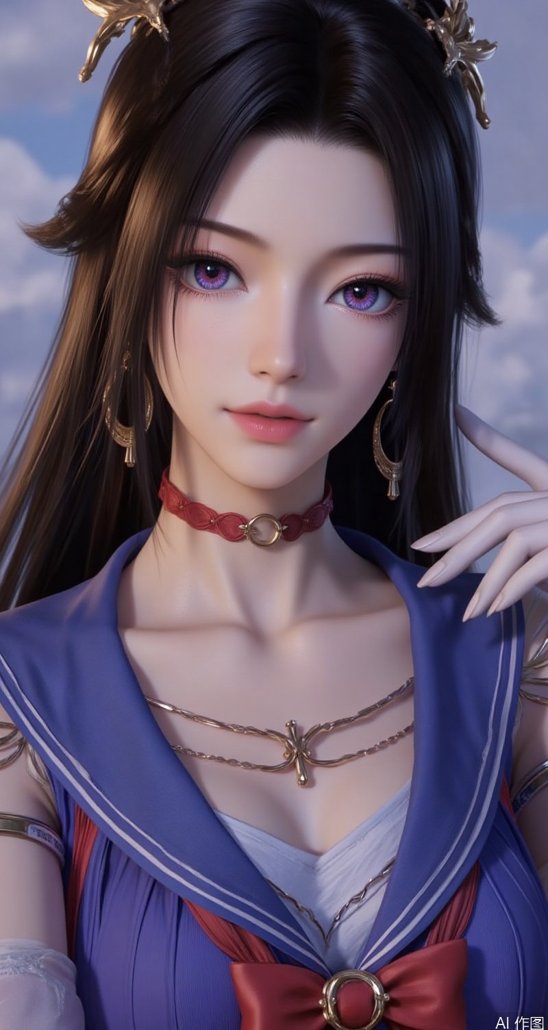 lvjing,baoshi,ziling,black hair,long hair,purple eyes,fair_skin,1girl,solo,skirt,sailor senshi uniform,blue sailor collar,jewelry,gloves,sailor collar,blue skirt,choker,white gloves,earrings,crescent earrings,pleated skirt,bow,magical girl,red bow,crescent,elbow gloves,red choker,covered navel,hair ornament,looking at viewer,collarbone,bowtie,circlet,
Close-up details,outstanding style,adding a touch of dimension to your images without compromising details,close-up,,lvjing,