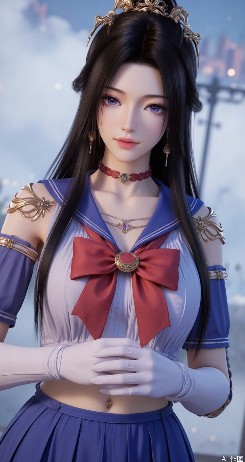 lvjing,baoshi,ziling,black hair,long hair,purple eyes,fair_skin,1girl,solo,skirt,sailor senshi uniform,blue sailor collar,jewelry,gloves,sailor collar,blue skirt,choker,white gloves,earrings,crescent earrings,pleated skirt,bow,magical girl,red bow,crescent,elbow gloves,red choker,covered navel,hair ornament,looking at viewer,collarbone,bowtie,circlet,
Close-up details,outstanding style,adding a touch of dimension to your images without compromising details,close-up,,lvjing,