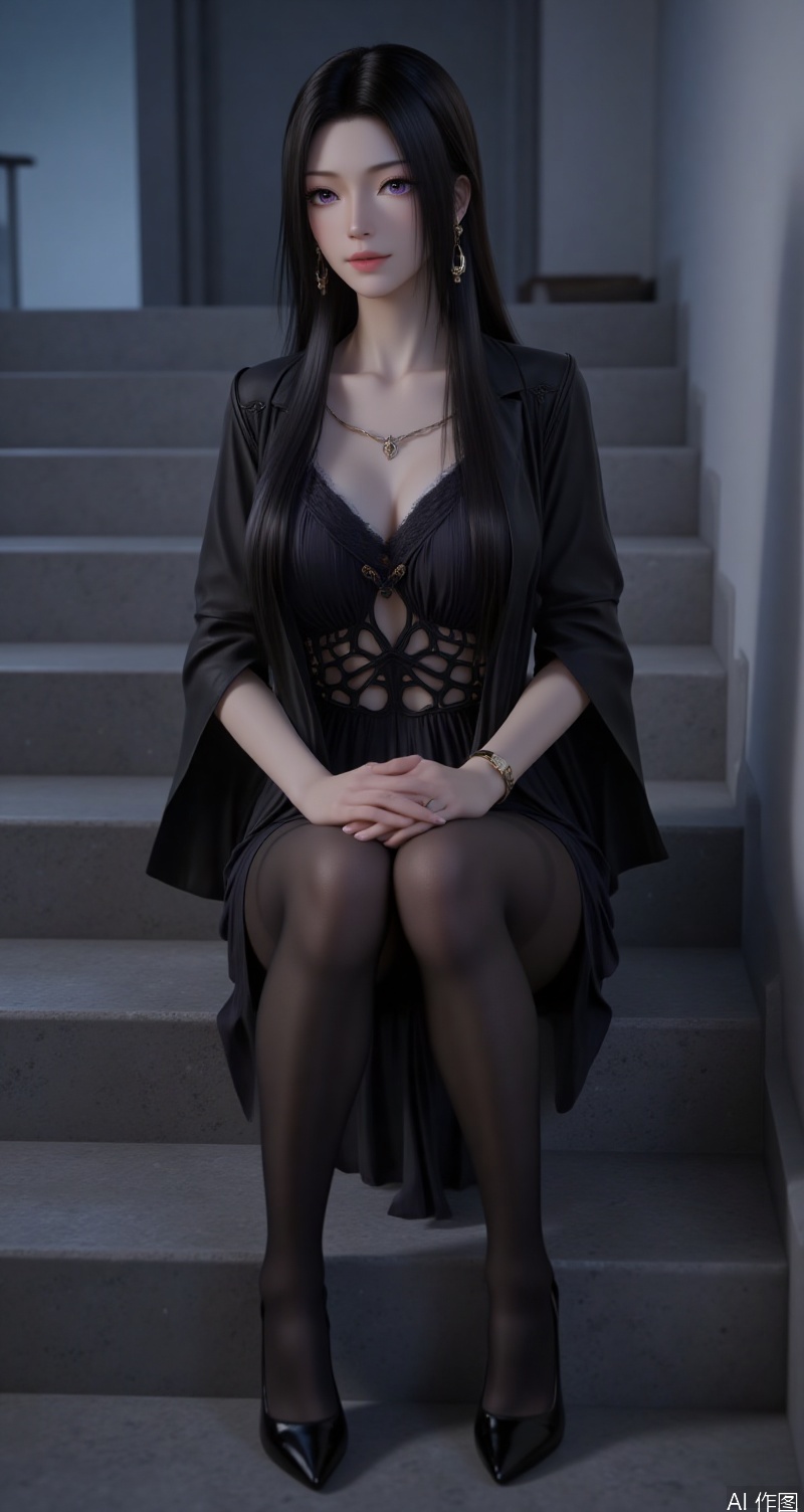 lvjing,baoshi,ziling,black hair,long hair,purple eyes,fair_skin,1girl,breasts,stairs,solo,pantyhose,sitting,high heels,cleavage,jewelry,black footwear,jacket,earrings,large breasts,looking at viewer,black jacket,open jacket,dress,full body,collarbone,open clothes,black dress,black pantyhose,knees together feet apart,forehead,sitting on stairs,long sleeves,lips,indoors,makeup,closed mouth,legs,cover,simple background,gradient_background,Close-up details,outstanding style,adding a touch of dimension to your images without compromising details,close-up,