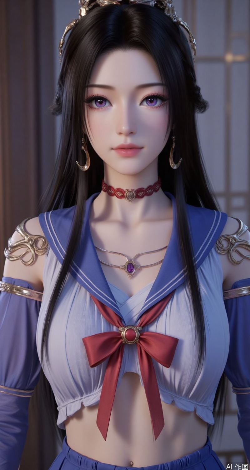 lvjing,baoshi,ziling,black hair,long hair,purple eyes,fair_skin,1girl,solo,skirt,sailor senshi uniform,blue sailor collar,jewelry,gloves,sailor collar,blue skirt,choker,white gloves,earrings,crescent earrings,pleated skirt,bow,magical girl,red bow,crescent,elbow gloves,red choker,covered navel,hair ornament,looking at viewer,collarbone,bowtie,circlet,
Close-up details,outstanding style,adding a touch of dimension to your images without compromising details,close-up,,lvjing,