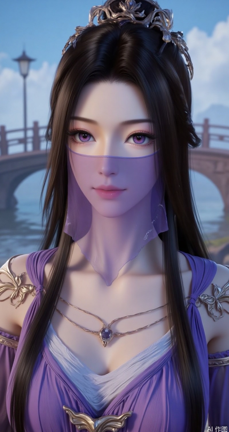 lvjing,baoshi,ziling,a beautiful woman,wearing a purple transparent veil,charming purple eyes,a flowing head of black hair,wearing 1 strapless purple dress,with a bridge and a body of water in the distance. The bridge is a dark brown,and the sky is a light blue,upper_body,
Close-up details,outstanding style,adding a touch of dimension to your images without compromising details,close-up,,lvjing,