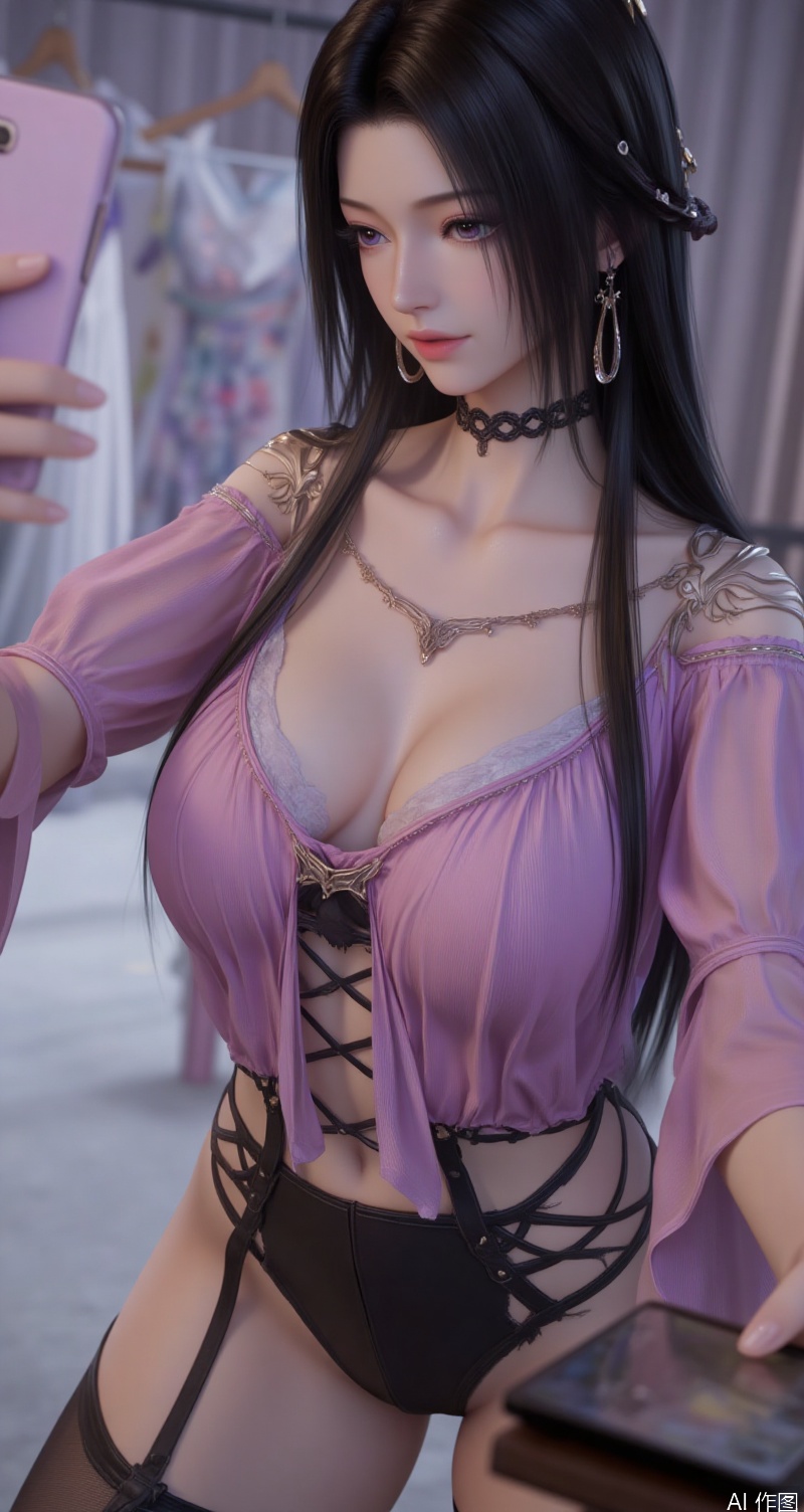 lvjing,baoshi,ziling,black hair,long hair,purple eyes,fair_skin,1girl,breasts,jewelry,phone,earrings,thighhighs,choker,solo,cleavage,cellphone,black choker,holding phone,bare shoulders,holding,smartphone,shirt,garter straps,black thighhighs,off-shoulder shirt,leotard,frills,selfie,collarbone,off shoulder,pink shirt,long sleeves,cross-laced clothes,standing,clothes hanger,closed mouth,cowboy shot,high-waist shorts,thighs,indoors,large breasts,see-through,shorts,medium breasts, cover,simple background,gradient_background,Close-up details,outstanding style,adding a touch of dimension to your images without compromising details,close-up,