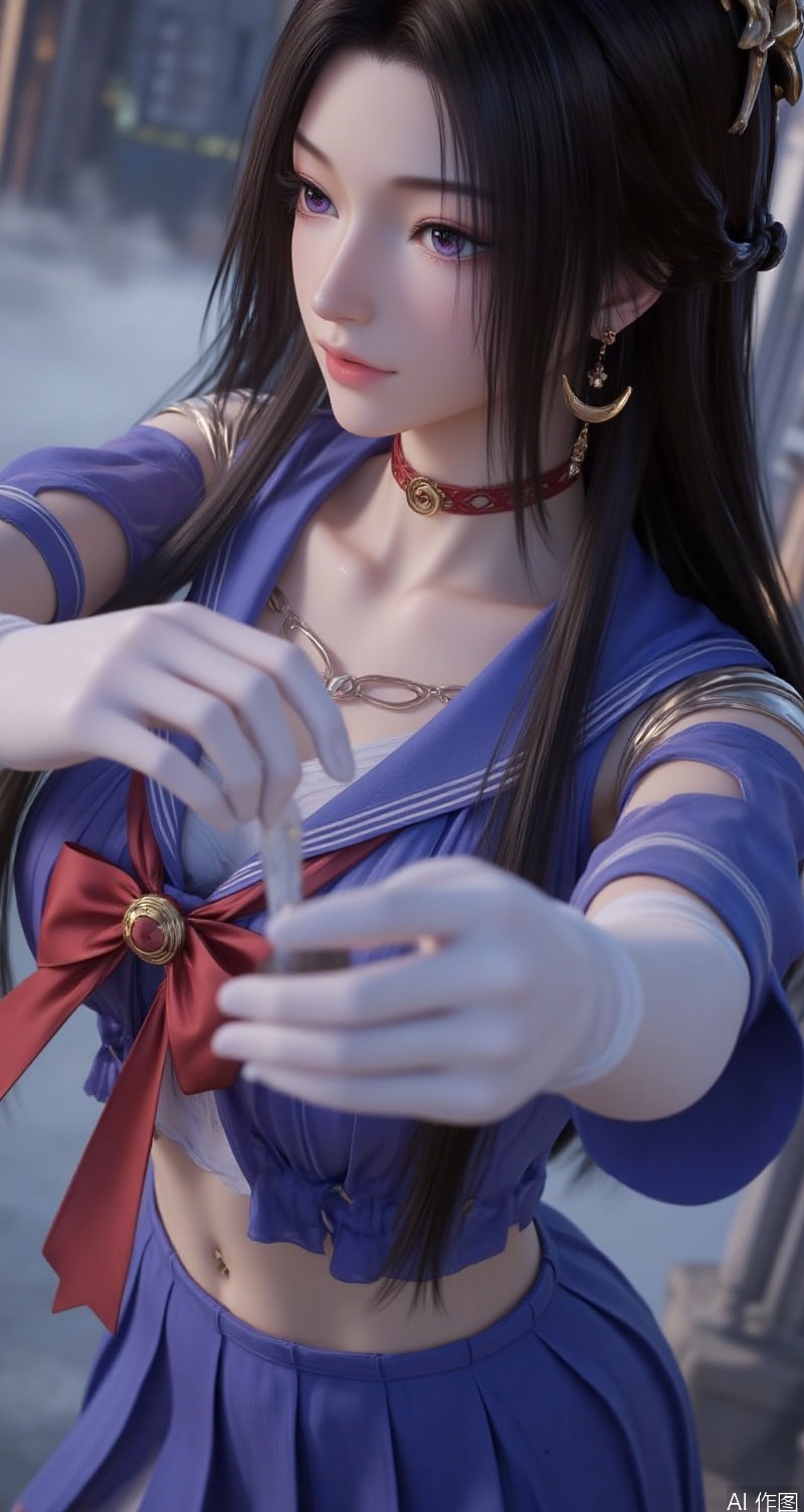 lvjing,baoshi,ziling,black hair,long hair,purple eyes,fair_skin,1girl,solo,skirt,sailor senshi uniform,blue sailor collar,jewelry,gloves,sailor collar,blue skirt,choker,white gloves,earrings,crescent earrings,pleated skirt,bow,magical girl,red bow,crescent,elbow gloves,red choker,covered navel,hair ornament,looking at viewer,collarbone,bowtie,circlet,
Close-up details,outstanding style,adding a touch of dimension to your images without compromising details,close-up,,lvjing,