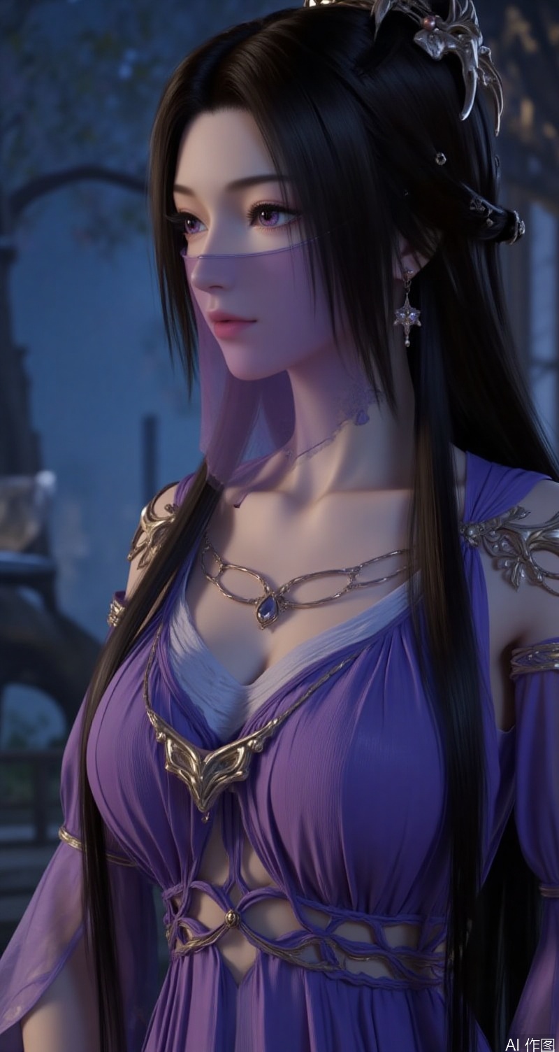 lvjing,baoshi,ziling,black hair,long hair,purple eyes,fair_skin,jewelry,earrings,1girl,dress,purple dress,solo,long hair,veil,black hair,night,tree,high_heels,full body,
Close-up details,outstanding style,adding a touch of dimension to your images without compromising details,close-up,,lvjing,