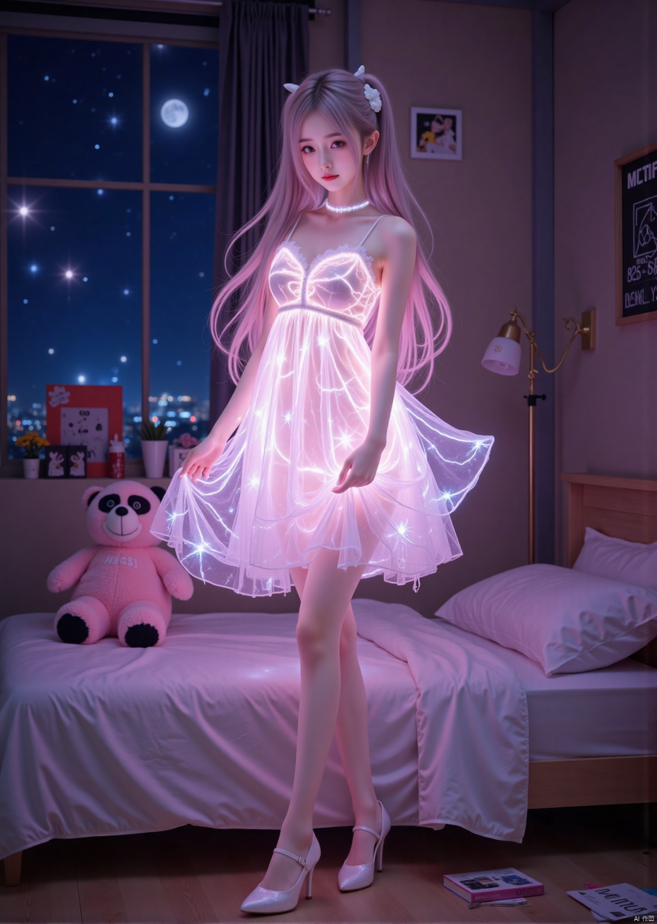 Realistic photo, 1girl, long hair, fair skin, glowing dress, long legs, high heels, full body, fashion pose, night, cute bedroom, stuffed toy,
