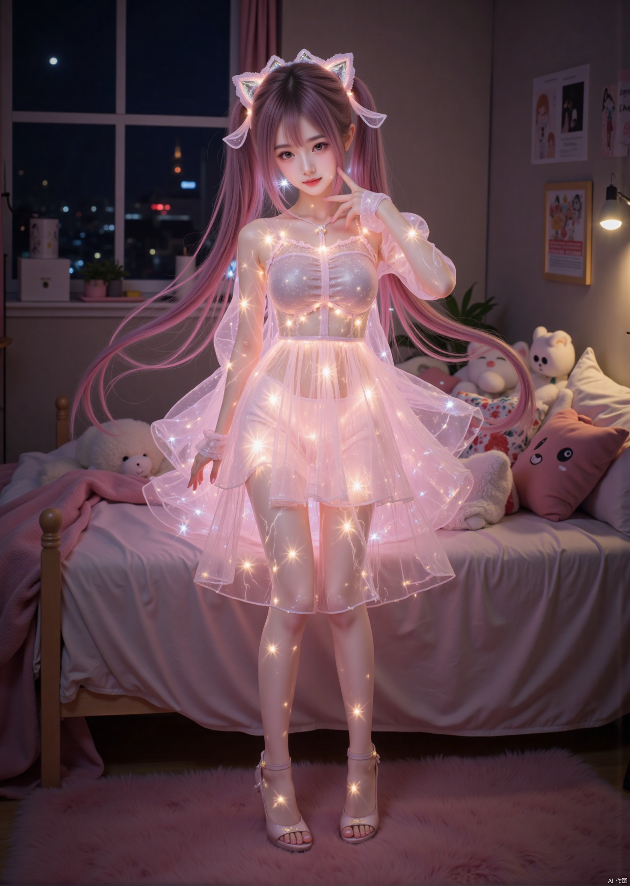 Realistic photo, 1girl, long hair, fair skin, glowing dress, long legs, high heels, full body, fashion pose, night, cute bedroom, stuffed toy,